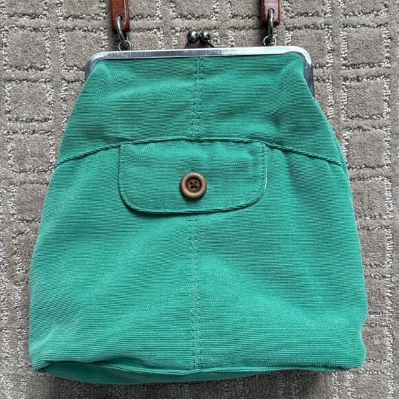 Fossil Fabric Top Clasp Purse Bag Green Pouch Wooden Handle VTG Boho Y2K - Picture 2 of 12
